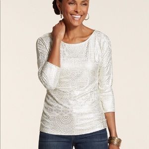 NEW Chico’s Sz L (12/14) Tiled Mosaic Bailey Top Champagne Foil 3/4 Sleeves